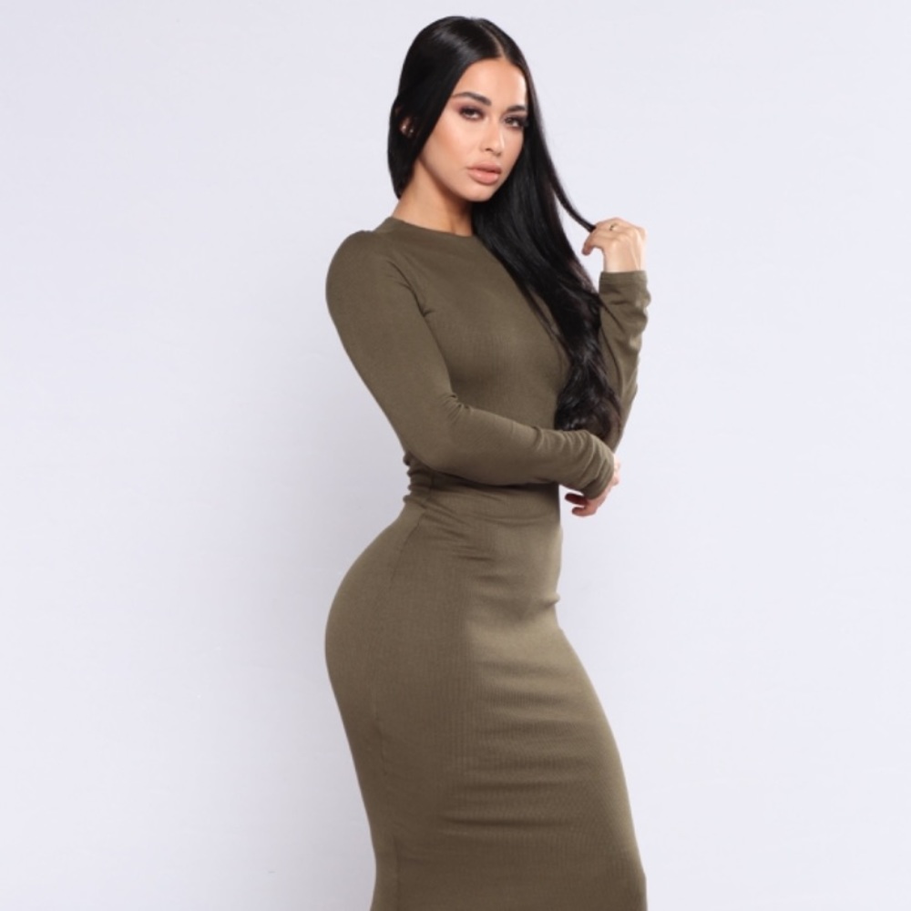 Olive midi bodycon ribbed dress